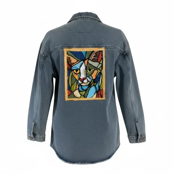 Hand Painted One Of A Kind, Bedazzled, Up-Cycled Denim Jacket Geometric Cat Face - Picture 4 of 11